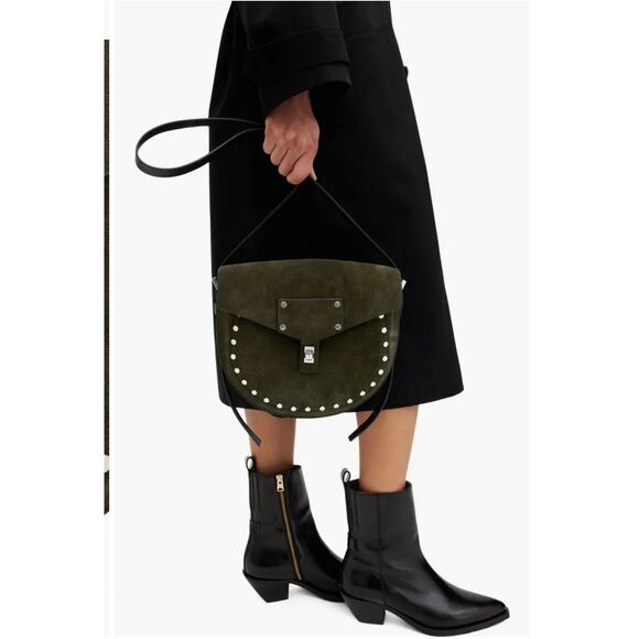 All Saints Miro Suede Saddle Bag Color: Olive Green (New) $329.00 retail - Picture 3 of 10
